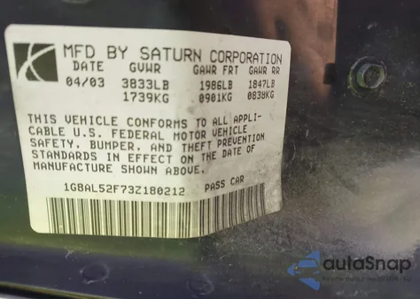 2003 Saturn Ion Ion 3 from USA, damaged, VIN 1G8AL52F73Z180212